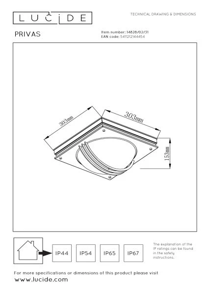 Lucide PRIVAS - Wandlamp Binnen/Buiten - 2xE27 - IP44 - Wit - technisch